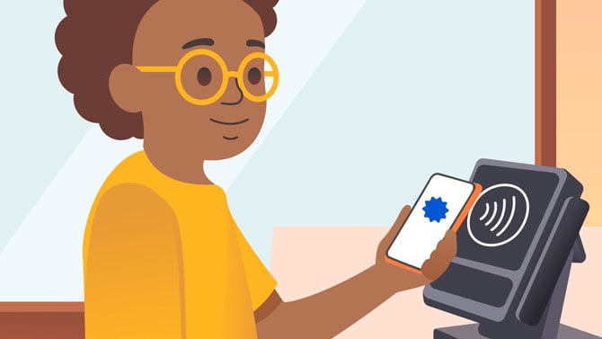 Concept illustration of a child using tap to pay.