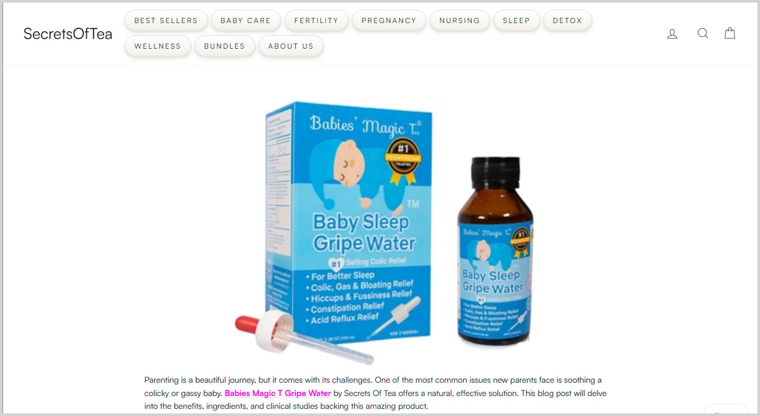 Screenshot of the Secrets of Tea website showing Babies’ Magic Tea Baby Sleep Gripe Water packaging, bottle, and dropper above promotional text.