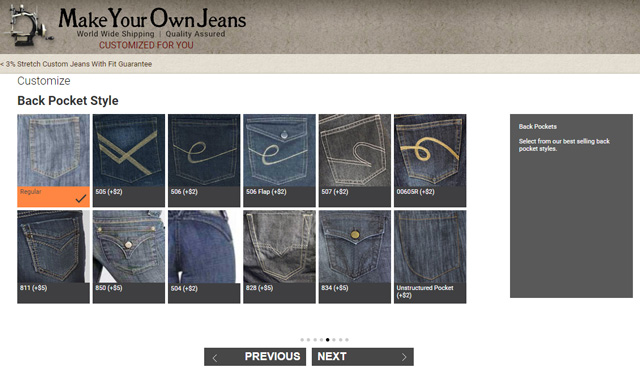Make Your Own Jeans site showing 12 back pocket styles.