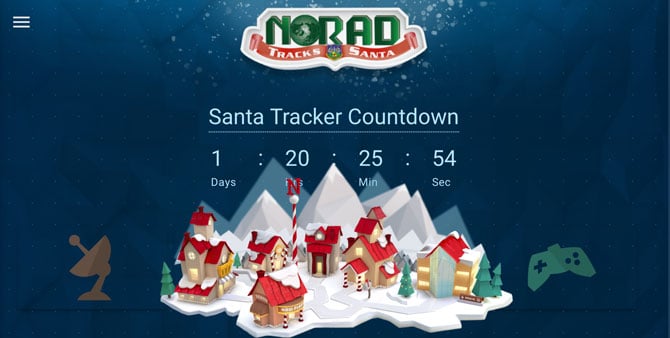NORAD Santa Tracker app showing a countdown to when Santa will start his journey