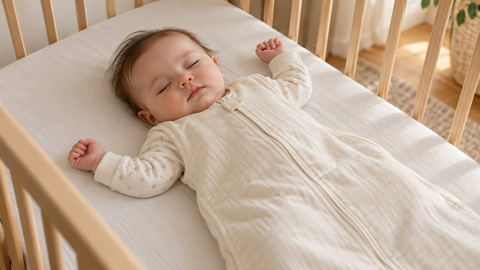 Baby in a cream sleep sack sleeping peacefully on their back in a wooden crib with a white fitted sheet.