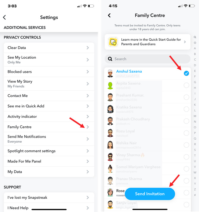 Two screenshots of Snapchat. On the left, you see the Settings screen with Family Center pointed out. On the right, you see the screen for inviting people to your Family Center. 