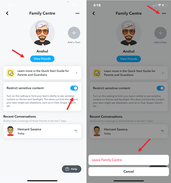 Two screenshots of Family Center. On the left you see the parental controls pointed out - View Friends and Restrict sensitive content. On the right, you see the option to Leave Family Center.