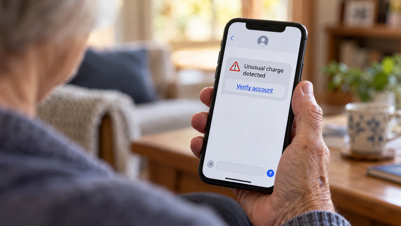 Older adult holding a smartphone displaying a scam text about an unusual charge with a 'Verify account' link.