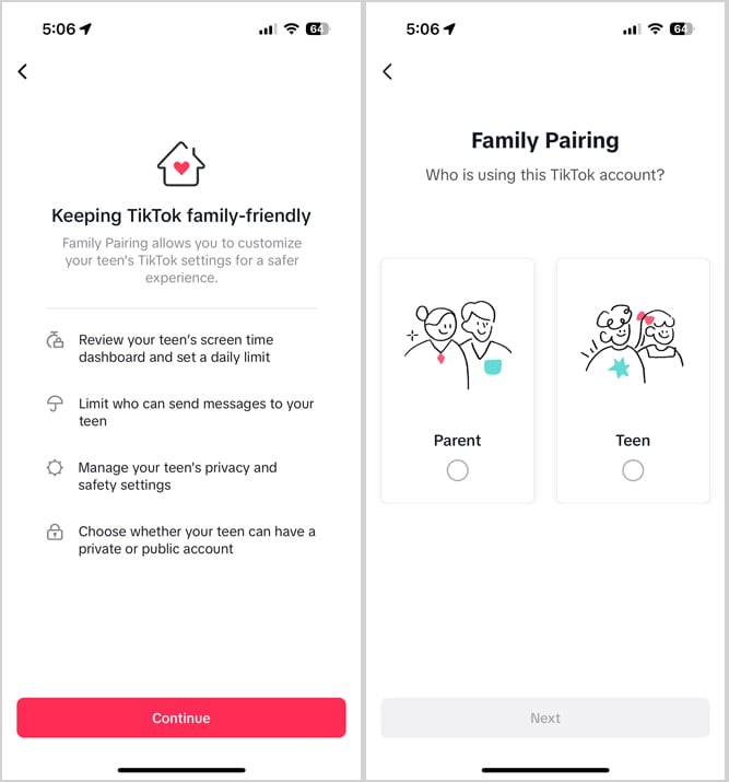 Two screenshots of the TikTok app. On the left, you see the Keeping TikTok family-friendly screen. On the right, you see the screen picking your profile as a parent or child.
