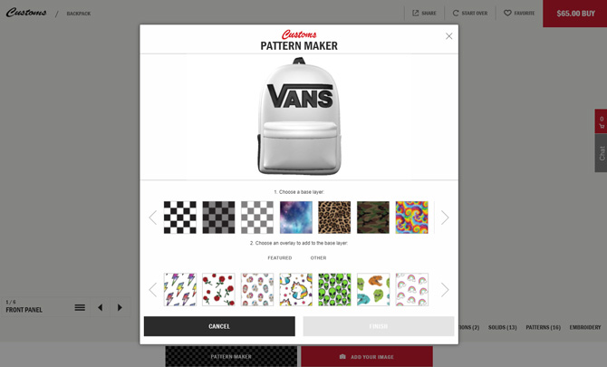 Vans custom backpack designer interface showing a white Vans backack with 7 patters to choose from on the first row for you base layer and another 7 patterns in a line below to overlay. The text reads that you can choose two pattern to layer. 