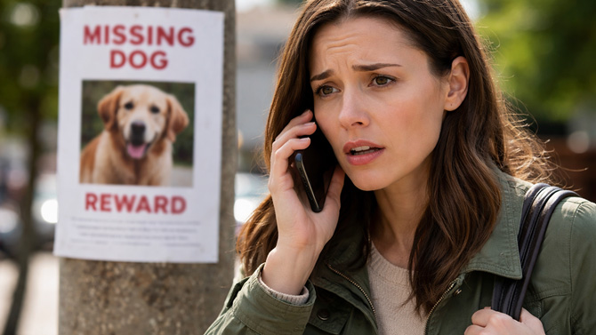 A woman receives a call with a poster of a missing dog in the background.