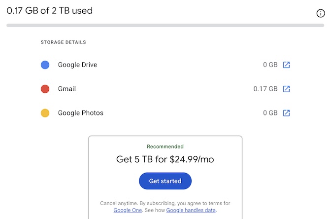Screenshot of Google One user interface offering a 5 terabyte plan even when subscriber is using less than 1 gigabyte
