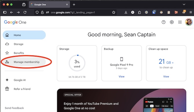 screen showing the google one user home page with red ciurcle around the manage membership option on the left of the screen