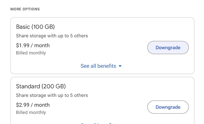 google one screen showing plan downgrade options that were finally revealed