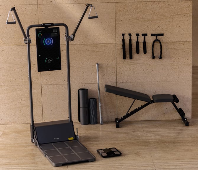 AEKE S1 Pro shown with optional components including bench, two lengths of strap handles, rope handle, and metal handle, balance plate