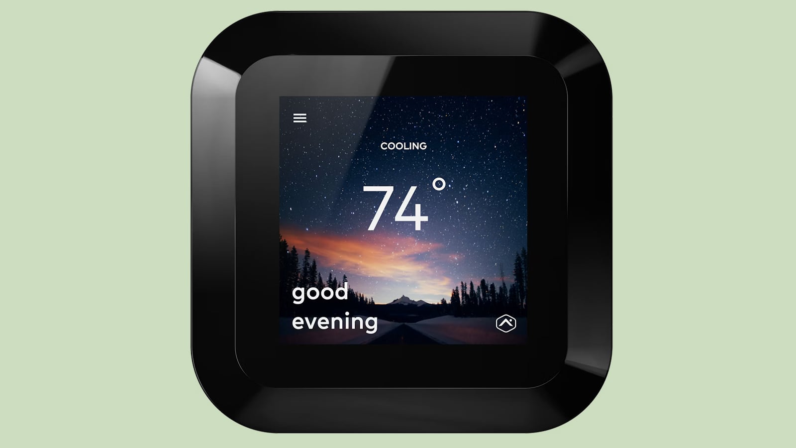 Black Alarm.com Smart Thermostat HD displaying 74 degrees in cooling mode over a starry landscape background.