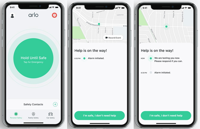 Three screenshots of Arlo Safe app: From the left, the first screenshot shows the panic button with the option to press for immediate help or press and hold if you're not sure if you need help. The middle screenshot shows the emergency response team has been contacted and there is a Record Event button. The screenshot on the right shows a message that says help is on the way. 