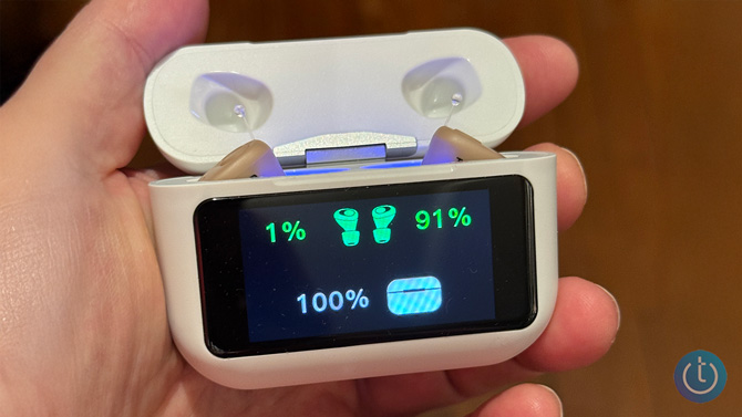 The case for the Audien Atom X shows battery life for each bud and the case.