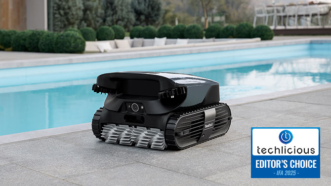 Beatbot AquaSense 2 Ultra Robotic Pool Cleaner shown pool side from the back. The Techlicious Editor's Choice Award logo is in the lower right. 
