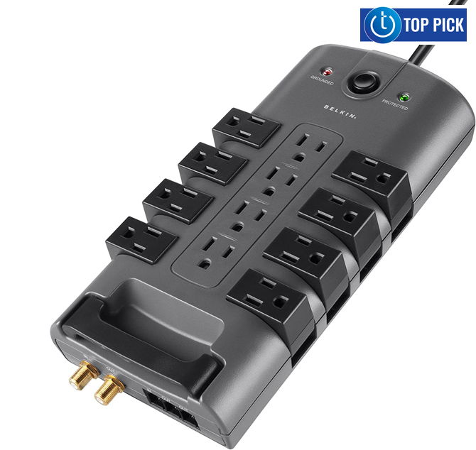 Belkin 12-Outlet Pivot-Plug Surge Protector (BP112230-08) on white background with Techlicious Top Pick logo in the upper right corner