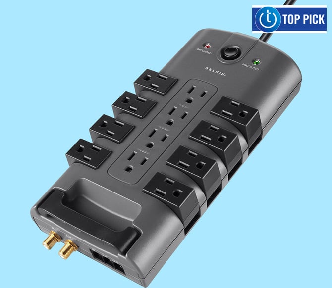 Belkin 12-Outlet Pivot-Plug Surge Protector (BP112230-08) with Techlicious Top Pick logo in the upper right corner