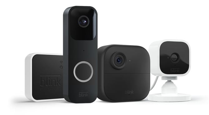 Blink Whole Home Security bundle: from the left - a Mini camera, a video doorbell, an outdoor gen 4 camera, and Sync Module 2.