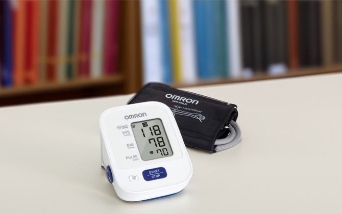 Omron blood pressure monitor in library concept.