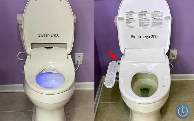 Two photos: On the left you see the Brondell Swash 1400 with the lid raised. On the right, you see the Coway Bidetmega 200. On the Bidetmega, there is a pipe that sticks out on the left that is pointed out.