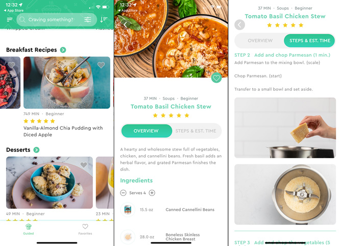 CookingPal app three screenshots from the left: Screenshot showing Breakfast recicipes (Vanilla-Almond Chia Pudding) and Desserts, next screenshot shows Tomato Basil Chicken Stew with a picture of the food, the third screenshot shows the step for adding parmesean cheese to weigh and chop with a photo of the cheese.  