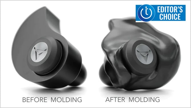 Decibullz Custom Molded Professional Filters show before molding on the left and after molding on the right. The Techlicious Editor's Choice logo is in the lower left corner
