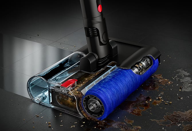 A cutaway of the Dyson PencilWash cleaning head shows how the clean water and waste water system works.