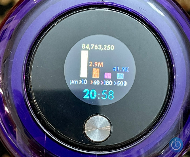 Display on the Dyson V15 Detect showing the amount of dust particles in four different sizes