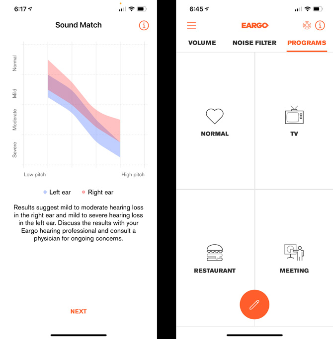 Two screenshots of the Eargo app. The one on the right shows a graph of frequencies in the human audible range and shows where you have hearing deficits. The screenshot on the right show 4 sound profiles: Normal, TV, Restaurant, and Meeting.  