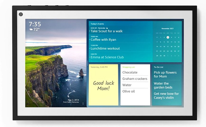 Amazon Echo Show 15 with weather widget, family calendar widget, sticky note widget, shopping list widget, and To-Do List widget.