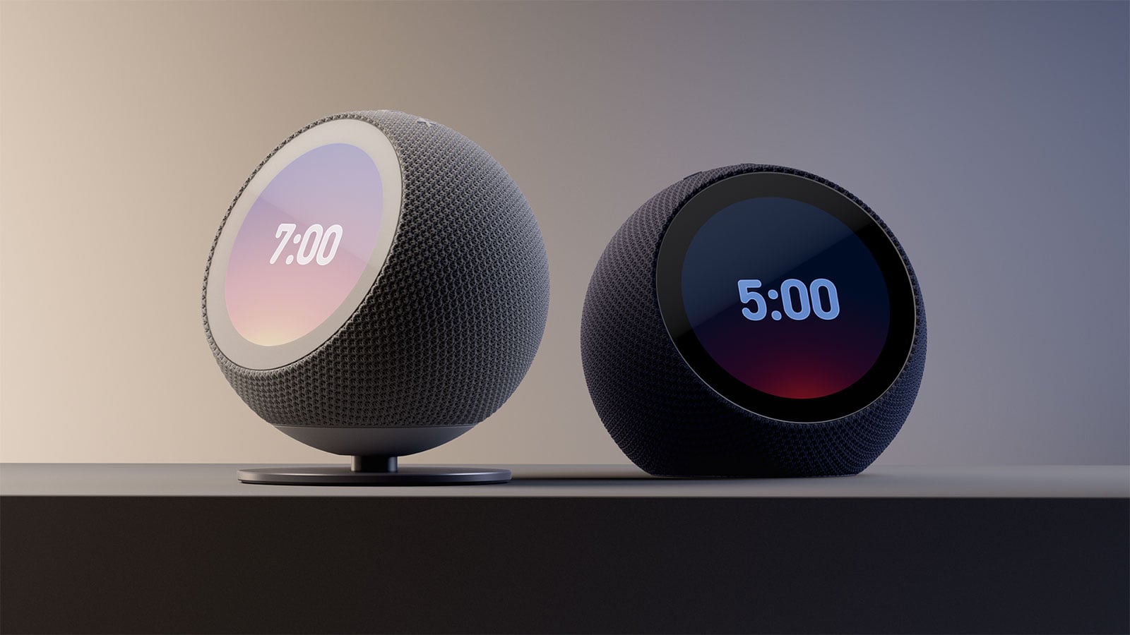 Two Echo Time smart speakers with screens showing digital clocks set to 7:00 and 5:00, in gray and dark blue.