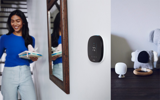 Ecobee Smart Thermostat (5th Gen) installed on wall. A woman carrying books is in the background. A second image on the right shows the SmartSensor sitting on a bureau next to a stuffed animal and wooden ring.