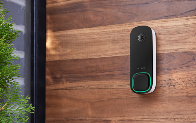 Ecobee Smart Video Doorbell shown mounted on near a door