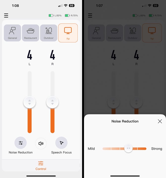 Two screenshots of the Elehear app: On the left you see the volume sliders for each ear with presets for General, Restaurant, Outdoor and TV. On the right, you see the Noise Reduction slider. 