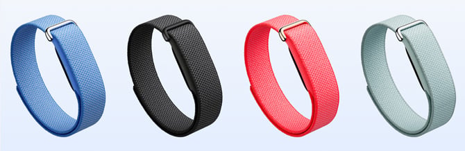 Fitbit Air colors from the left: Lavender, Obsidian, Berry, and Fog
