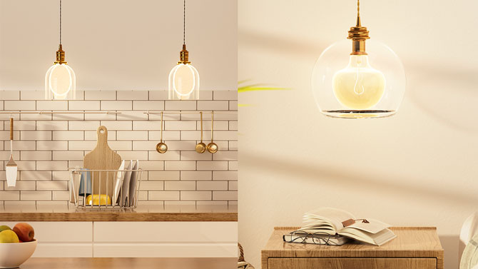 GE Edge Light on the left and the Canopy Bulb on the right in a soft white.