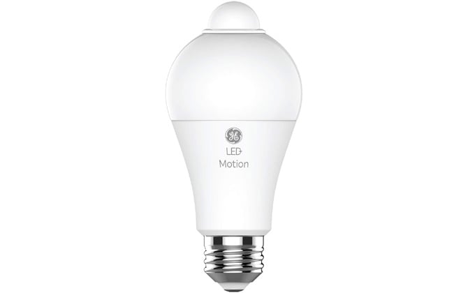 GE LED+ Motion light bulb on white background