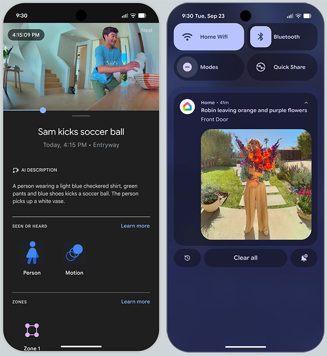 Two screenshots of the Google Home app. On the left, you see a the description - Sam kicks soccer ball. On the right, you see - Robin leaving orange and purple flowers 