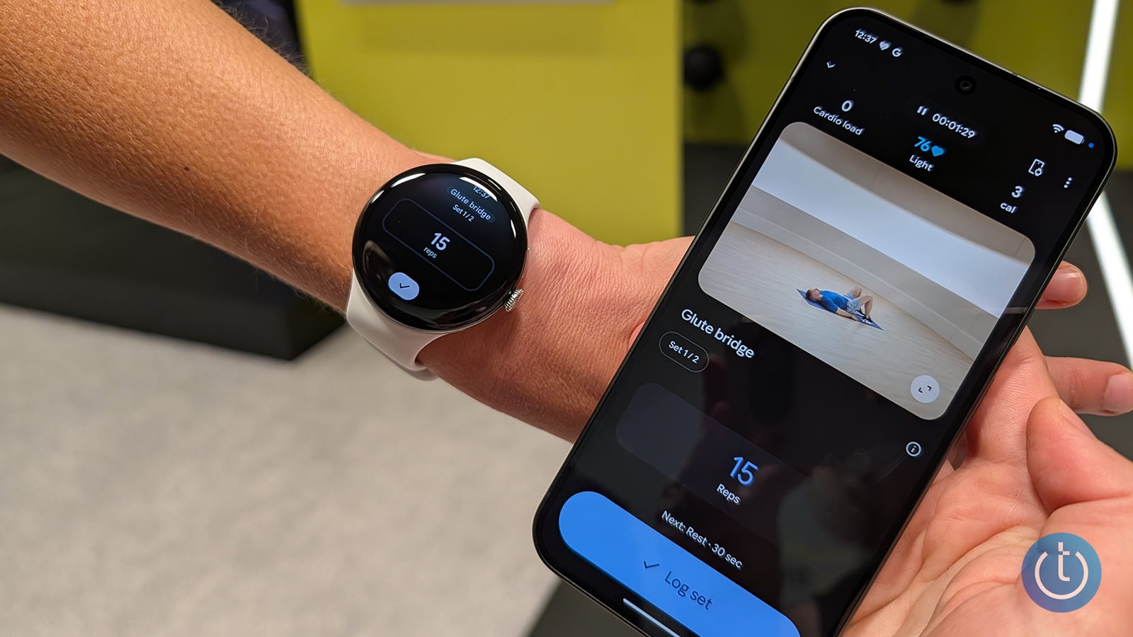 The Google Pixel Watch 5 and the Google Pixel 11 phone show exercise reps