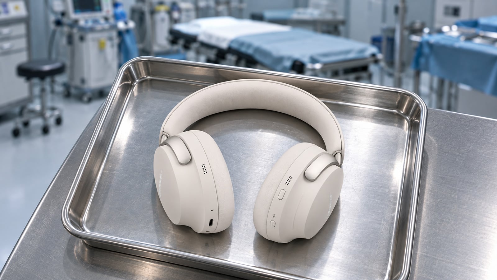 Cream-colored over-ear headphones resting on a stainless steel tray, viewed from above, with a blurred surgical suite in the background.