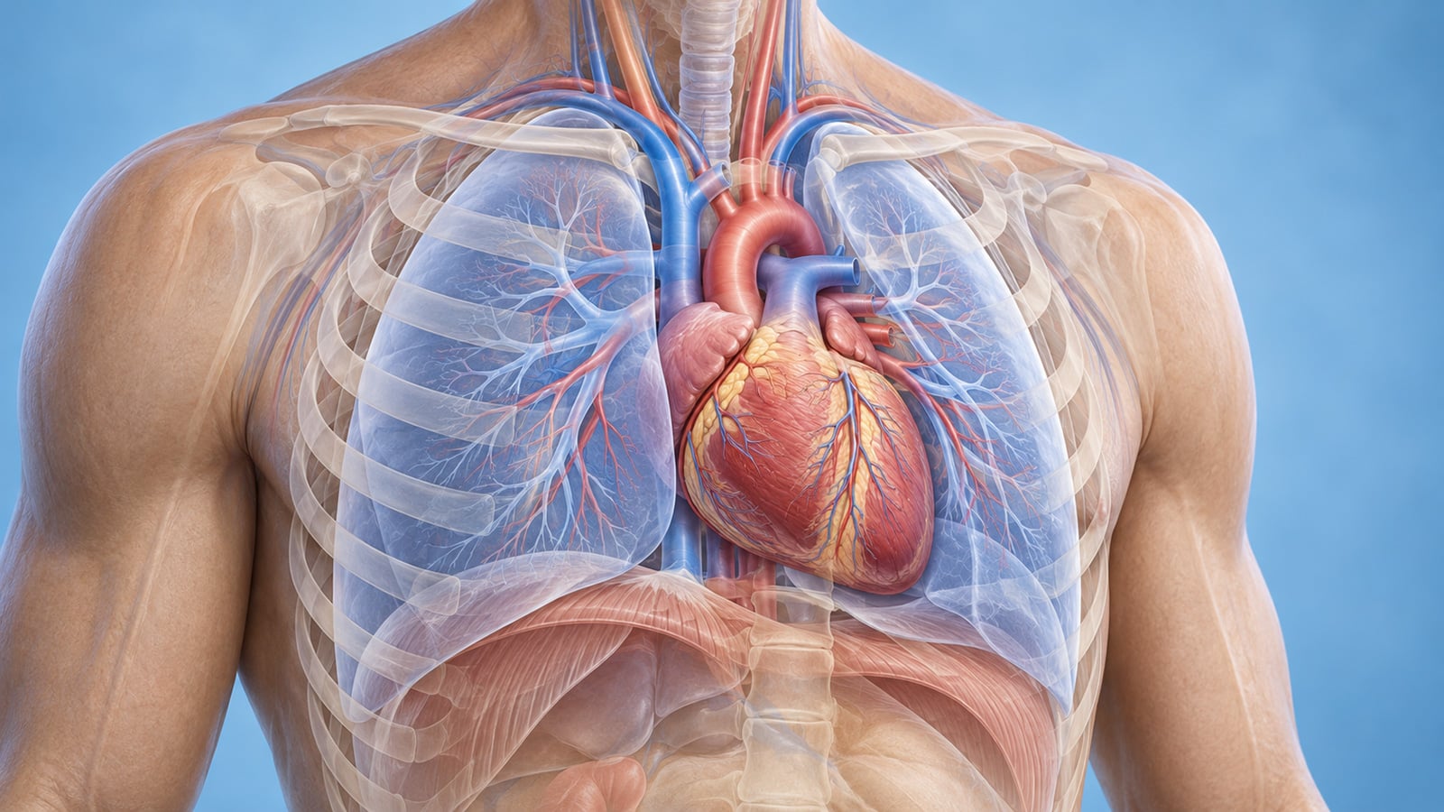 Illustration of a heart inside a translucent human chest, with the lungs, rib cage, and major blood vessels visible.