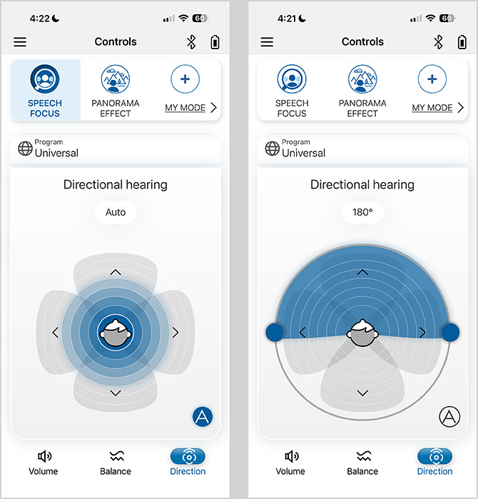 Horizon app directional controls for the speech focus setting 