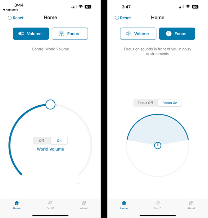 Two screenshots: on the left you see the World Volume control wheel and on the right you see the Focus control interface with the option to turn it on and off.  