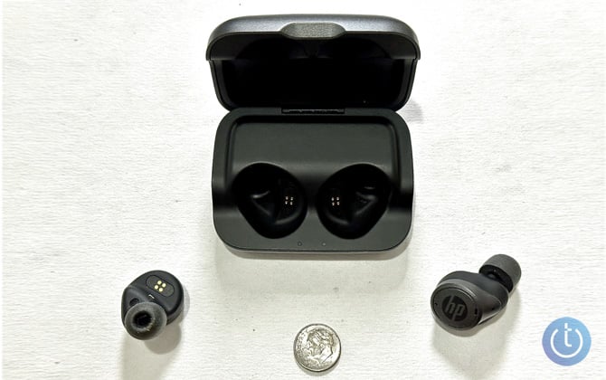HP Hearing Pro shown with a dime for scale