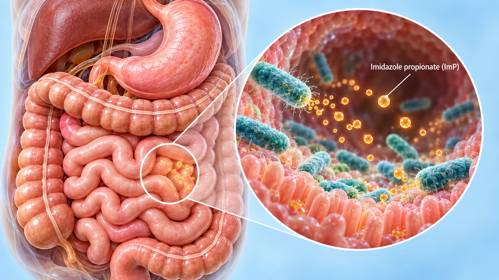 Illustration of the stomach and intestines with a magnified view of gut bacteria releasing imidazole propionate (ImP), represented by glowing orange particles.