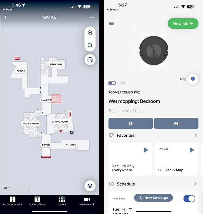 Two screenshots: on the left you see a map of the writer's apartment with areas blocked off from mopping. On the right you see screen showing the mop vac in action wet mopping the bedroom with favorite routines shown below and the schedule for cleaning.