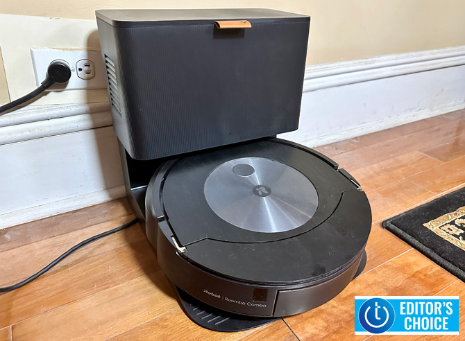 iRobot Roomba Combo j7+ on its base. Techlicious Editor's Choice logo in the lower right corner.