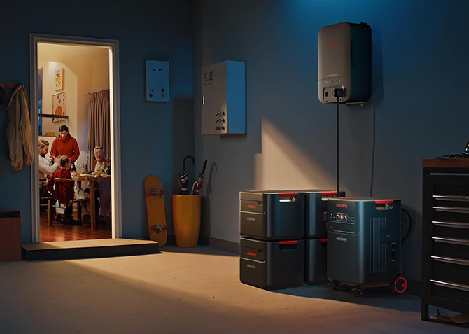 Jackery HomePower 3600 Plus is shown in a garage with expansion batteries.