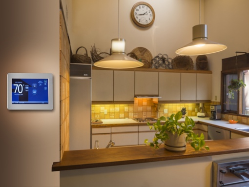 Kitchen with smart thermostat