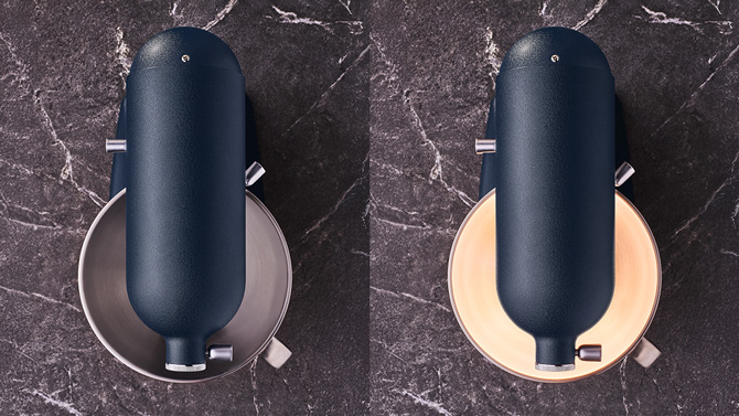 KitchenAid Artsan Plus shown with the light off on the left and the light on on the right.